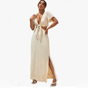  Short Sleeve Maxi Dress Tie Front Split Hem A Line Dress Summer Casual